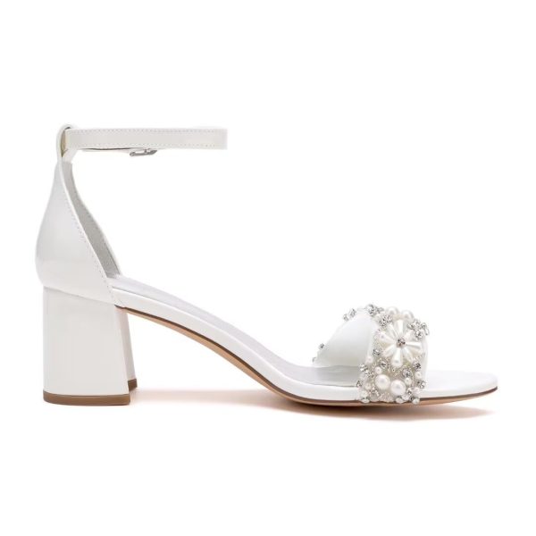Pearl Wedding Shoes for Bride Block Heel Wedding Sandals Open Toe Bridal Heels