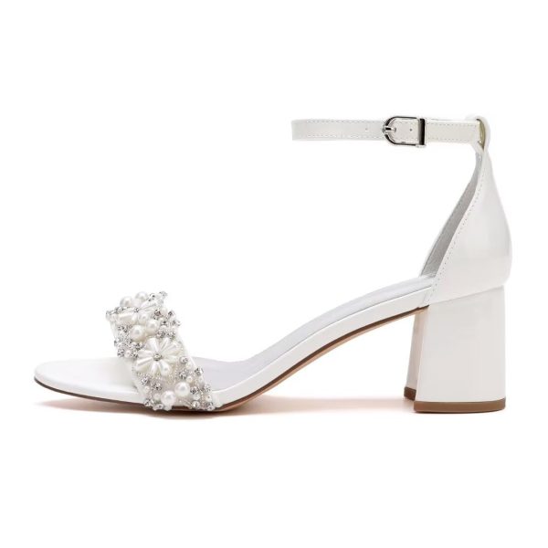 Pearl Wedding Shoes for Bride Block Heel Wedding Sandals Open Toe Bridal Heels