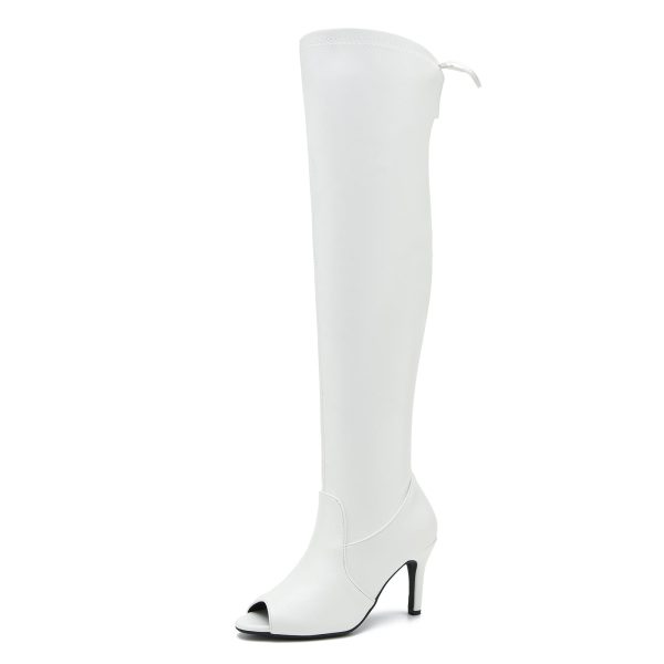 Women's Peep Toe Thigh High Boots Over The Knee Boot Sexy Stiletto Heel Lace Up Open Toe Pull on Long Boots
