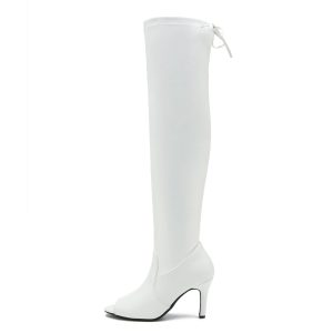 Women's Peep Toe Thigh High Boots Over The Knee Boot Sexy Stiletto Heel Lace Up Open Toe Pull on Long Boots