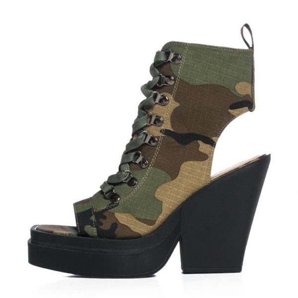 Camo Heeled Sandals Peep Toe Chunky Heel Summer Sandal Ankle Boots Lace-up Platform Booties