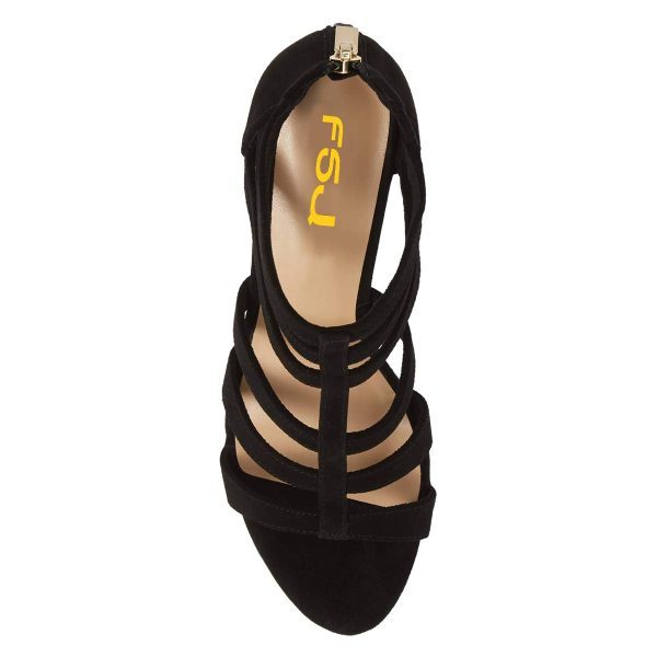 Women Chunky Mid High Heel Sandals Open Toe T-Strap Pumps Cutout Dress Party Prom Office Strappy Shoes Elastic Back Zipper Size