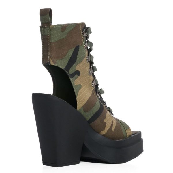 Camo Heeled Sandals Peep Toe Chunky Heel Summer Sandal Ankle Boots Lace-up Platform Booties