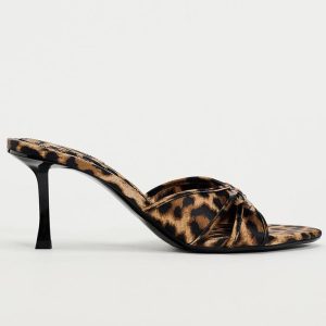 Women's Leopard Print Mules Heels with Bow Open Round Toe Stiletto High Heels Party Dress Slip On Backless Sandals