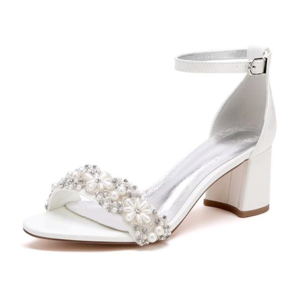 Pearl Wedding Shoes for Bride Block Heel Wedding Sandals Open Toe Bridal Heels