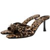 Women's Leopard Print Mules Heels with Bow Open Round Toe Stiletto High Heels Party Dress Slip On Backless Sandals
