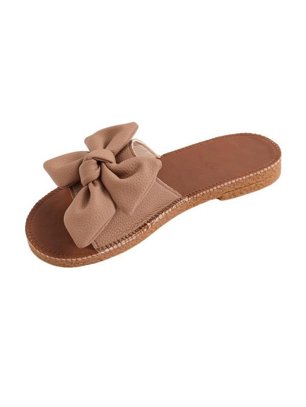 Women's Open Toe Flat Sandals Bow Knot Slides Leather Summer Slippers