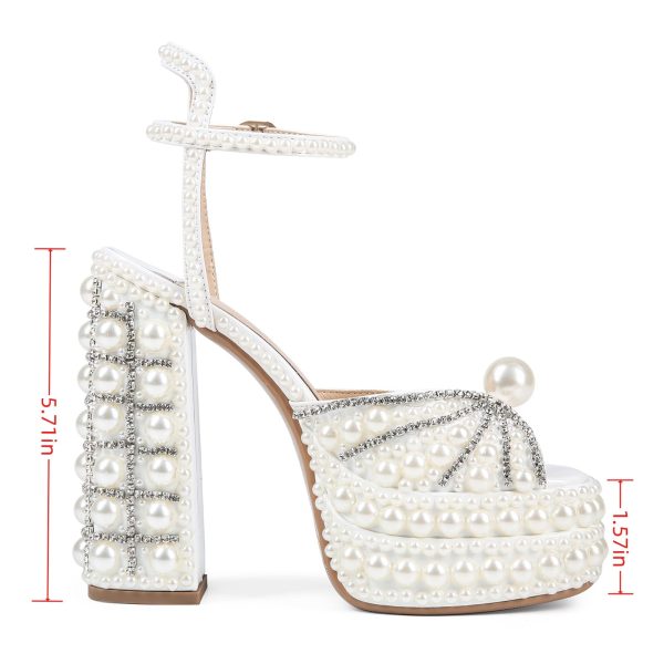 Women's Platform High Heels Square Open Toe Pearl Heels Buckle Rhinestones Summer Elegant Sandals