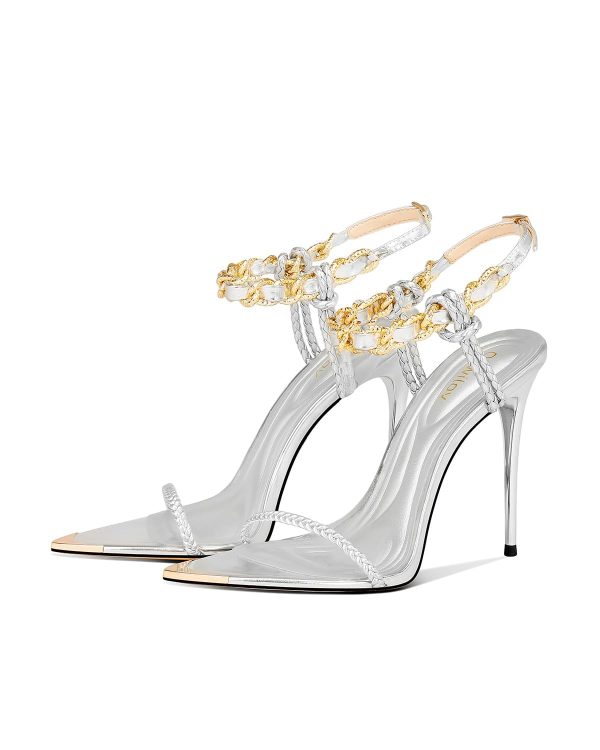 Black Pumps for Women Gold Chain Ankle Strap Open Toe Pointed Toe Stiletto High Heels for Formal Events Weddings Parties and