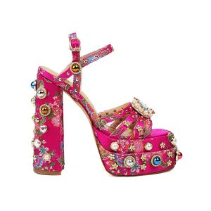 Women Rhinestone High Chunky Platform Open Toe Block Heels Gems Detail Fashion Green Pink Floral Print Embroidery Ankle Strap