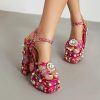 Women Rhinestone High Chunky Platform Open Toe Block Heels Gems Detail Fashion Green Pink Floral Print Embroidery Ankle Strap