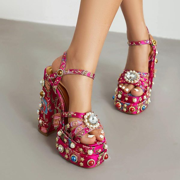 Women Rhinestone High Chunky Platform Open Toe Block Heels Gems Detail Fashion Green Pink Floral Print Embroidery Ankle Strap