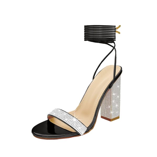 Women's Sparkly Rhinestones Sandals for Women Ankle Strappy Chunky Block Heels Sandals