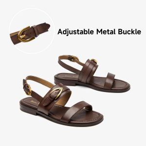 Flat Sandals for Women,Adjustable Strappy Sandals for Women,Summer Fashion Comfortable Open-Toe Wide Dress Leather Sandals for