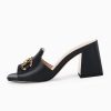 Women's Sandals Peep Toe Slides Chunky Heel Mules Single Band Comfort Slip-on Shoes with Metal Chain for Spring Summer