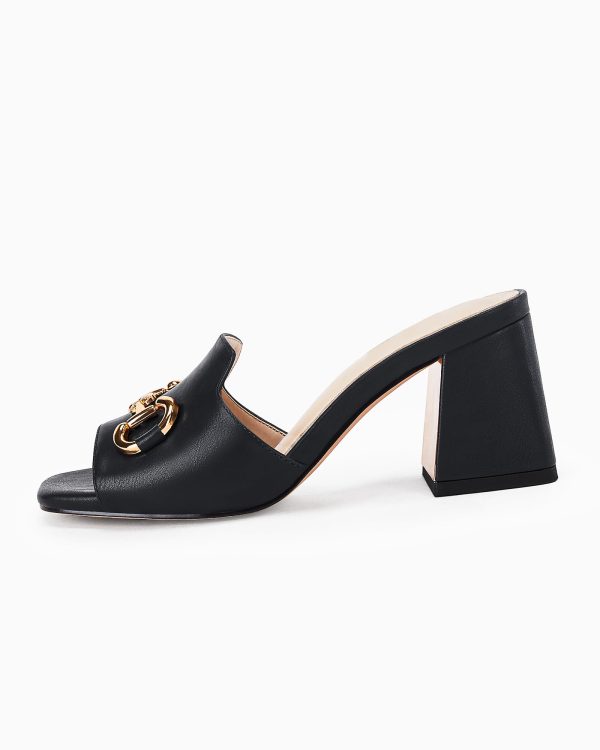 Women's Sandals Peep Toe Slides Chunky Heel Mules Single Band Comfort Slip-on Shoes with Metal Chain for Spring Summer