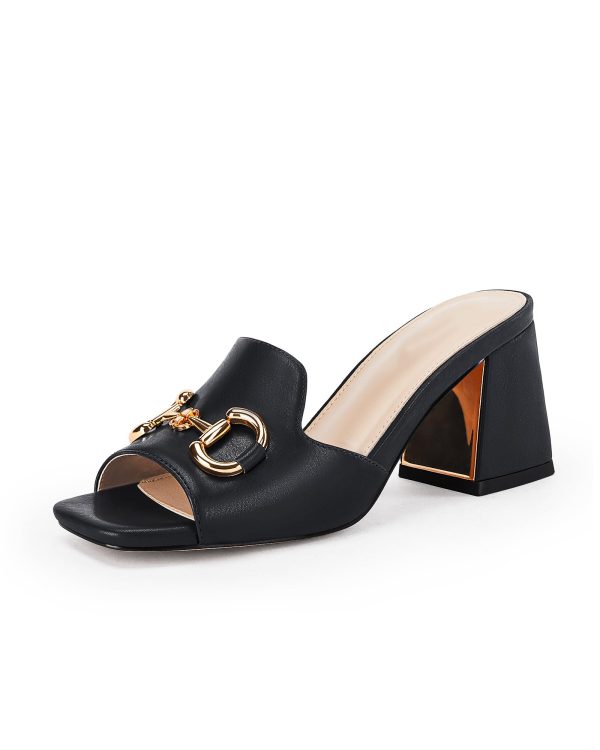 Women's Sandals Peep Toe Slides Chunky Heel Mules Single Band Comfort Slip-on Shoes with Metal Chain for Spring Summer