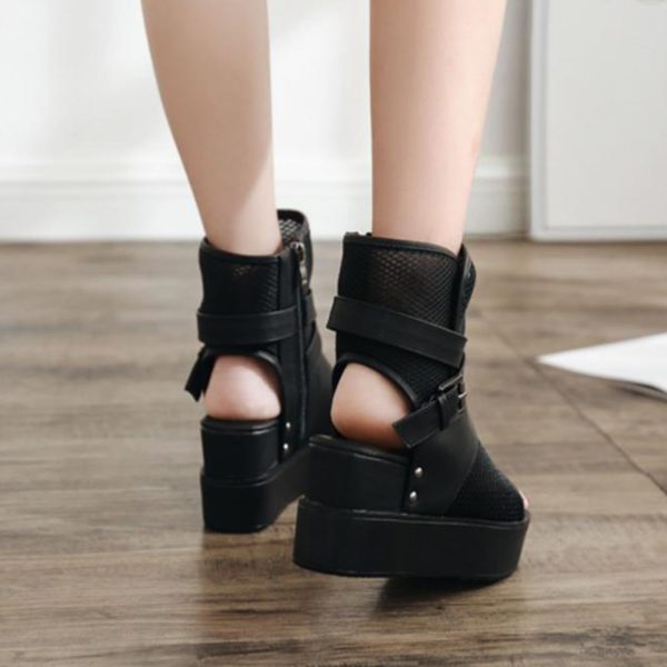 Women's Leather Platform Wedge High-Top Roman Sandals Comfortable Breathable Mesh Open Toe Clip Toe Side Zipper Metal Buckle