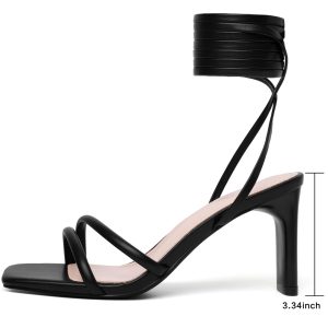 Womens Sandals Strappy Heels for Women Ankle Strap Lace Up Heels Square Open Toe Heels Tie Up Stiletto High Heeled Sandals for