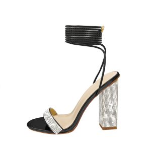 Women's Sparkly Rhinestones Sandals for Women Ankle Strappy Chunky Block Heels Sandals