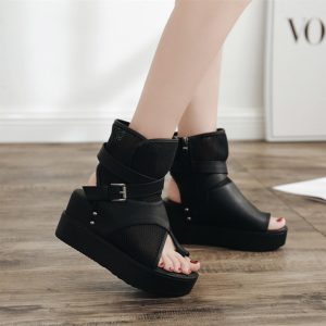 Women's Leather Platform Wedge High-Top Roman Sandals Comfortable Breathable Mesh Open Toe Clip Toe Side Zipper Metal Buckle
