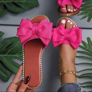 Women's Bow Knot Slides Open Toe Flat Sandals Summer Slip On Slippers