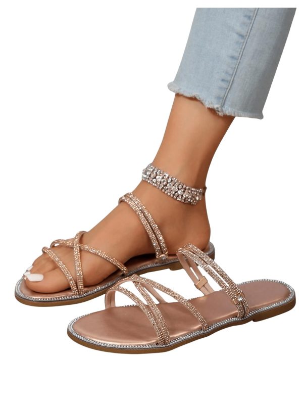 Women's Rhinestone Strappy Open Toe Slide Sandals Slip on Casual Flat Sandals
