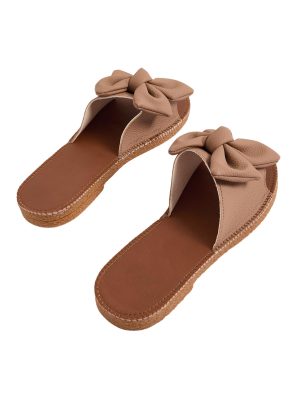 Women's Open Toe Flat Sandals Bow Knot Slides Leather Summer Slippers