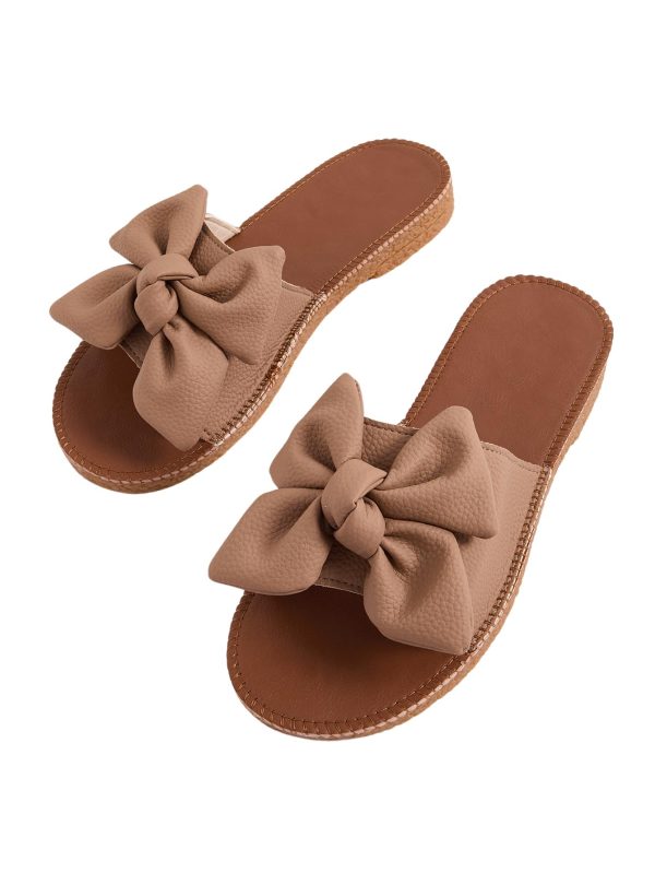 Women's Open Toe Flat Sandals Bow Knot Slides Leather Summer Slippers