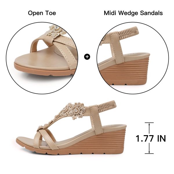 Women's Low Wedge Heels Summer Dressy Platform Sandals Elastic Ankle Strap Open Toe Flower Shoes