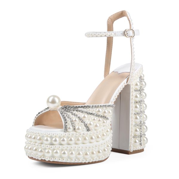 Women's Platform High Heels Square Open Toe Pearl Heels Buckle Rhinestones Summer Elegant Sandals