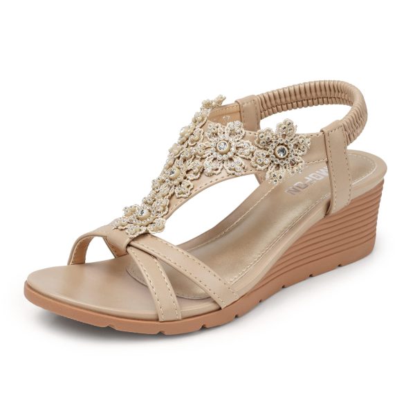 Women's Low Wedge Heels Summer Dressy Platform Sandals Elastic Ankle Strap Open Toe Flower Shoes