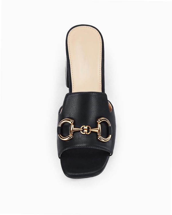 Women's Sandals Peep Toe Slides Chunky Heel Mules Single Band Comfort Slip-on Shoes with Metal Chain for Spring Summer