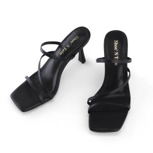 Strappy Kitten Heels For Women Stiletto Mules Square Open Toe Slip On Sandals