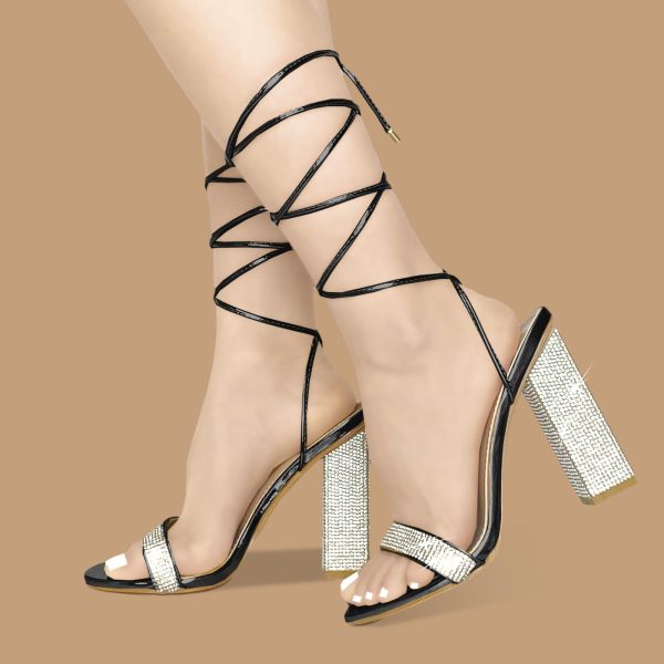 Women's Sparkly Rhinestones Sandals for Women Ankle Strappy Chunky Block Heels Sandals