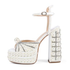 Women's Platform High Heels Square Open Toe Pearl Heels Buckle Rhinestones Summer Elegant Sandals