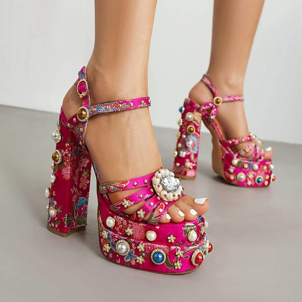 Women Rhinestone High Chunky Platform Open Toe Block Heels Gems Detail Fashion Green Pink Floral Print Embroidery Ankle Strap