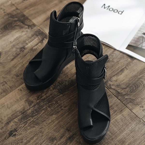 Women's Leather Platform Wedge High-Top Roman Sandals Comfortable Breathable Mesh Open Toe Clip Toe Side Zipper Metal Buckle