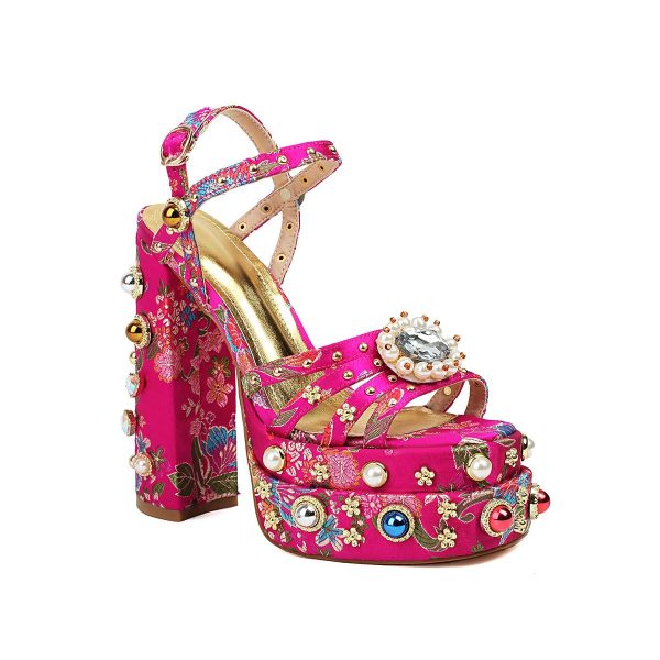 Women Rhinestone High Chunky Platform Open Toe Block Heels Gems Detail Fashion Green Pink Floral Print Embroidery Ankle Strap