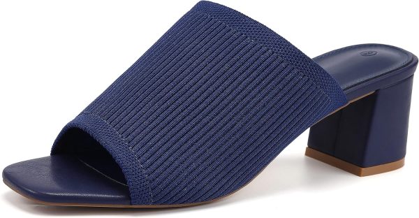 Women's Open Toe Heeled Mules Block Heels Sandals Knit Chunky Square Heels Slip On Breathable Slides Sandal