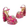 Women Rhinestone High Chunky Platform Open Toe Block Heels Gems Detail Fashion Green Pink Floral Print Embroidery Ankle Strap