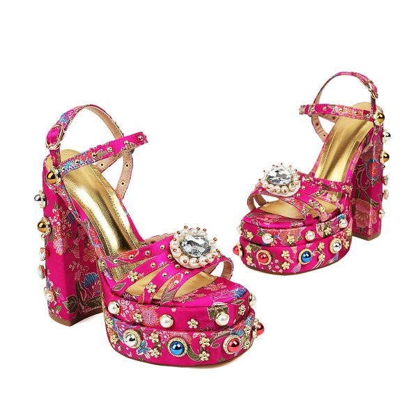 Women Rhinestone High Chunky Platform Open Toe Block Heels Gems Detail Fashion Green Pink Floral Print Embroidery Ankle Strap