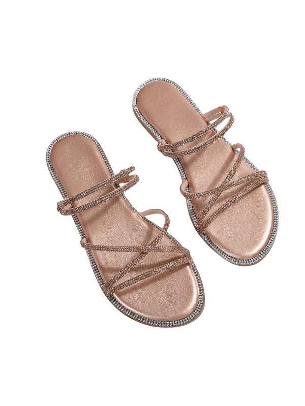 Women's Rhinestone Strappy Open Toe Slide Sandals Slip on Casual Flat Sandals