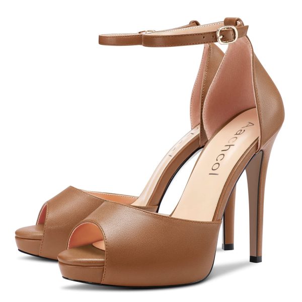 Women Platform Sandals Peep Open Toe Ankle Strap Stiletto High Heel Dress Shoes Pumps Wedding Matte 5 Inch