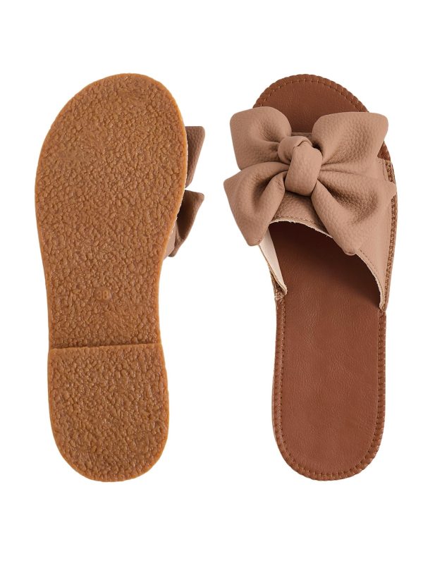 Women's Open Toe Flat Sandals Bow Knot Slides Leather Summer Slippers