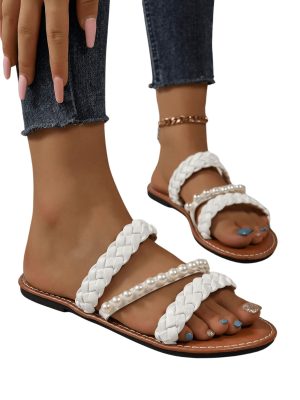Women's Pearls Braided Flat Sandals Open Toe Slip On Beach Slides