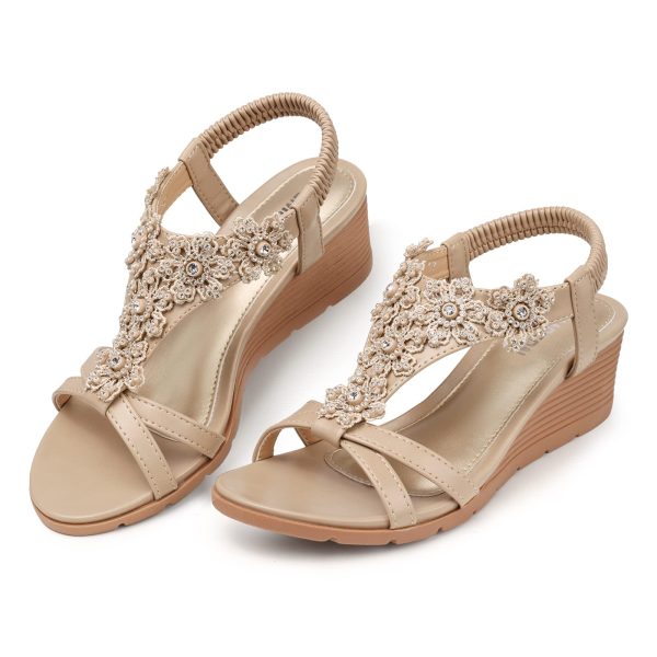 Women's Low Wedge Heels Summer Dressy Platform Sandals Elastic Ankle Strap Open Toe Flower Shoes
