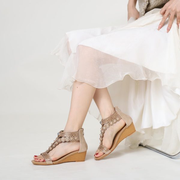 Wedge Sandals for Women Bohemia Rhinestone Open Toe Roman Heel Zipper Summer Dressy Women's Beach Casual Shoes