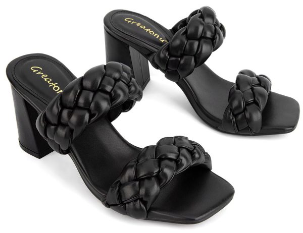 Women's Braided Heeled Sandals Square Open Toe Summer Heels Slip On Dressy Sandals with Chunky Heel 3.35 Inch