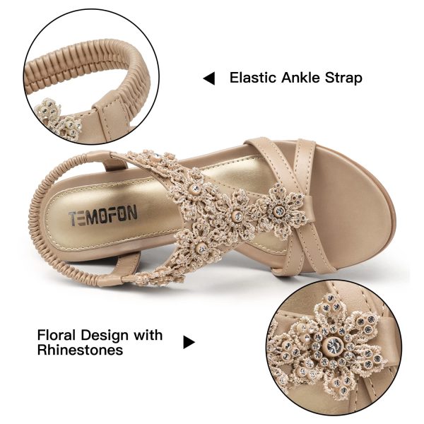 Women's Low Wedge Heels Summer Dressy Platform Sandals Elastic Ankle Strap Open Toe Flower Shoes